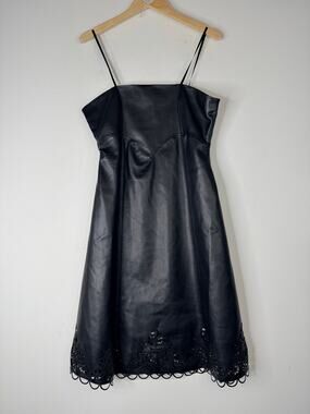 Ollari Black Vegan Leather Midi Dress M Floral Laser Cut Corset Gothic Bodycon